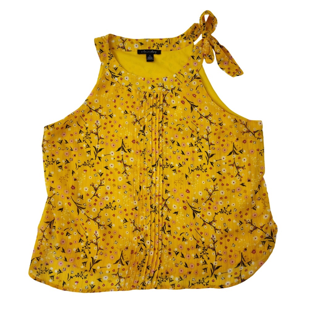 A Love‎ Story Yellow Floral Halter Top XL Pleated Tie Shoulder Lurex Shimmer